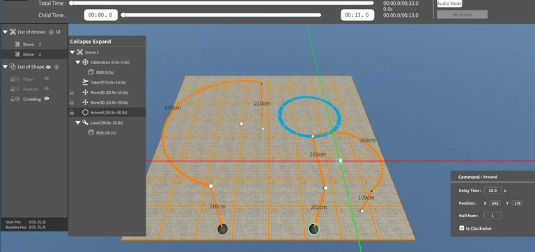 Drone-show design software: two drone paths, timing and a circular flight command laid out on a 3D grid